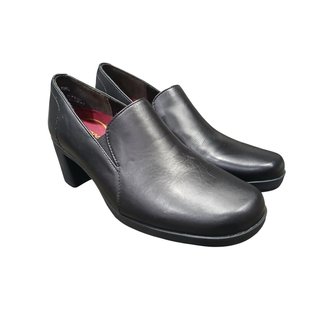 Munro American 7M Black Leather Slip On Block Heel Loafers Shoes Womens